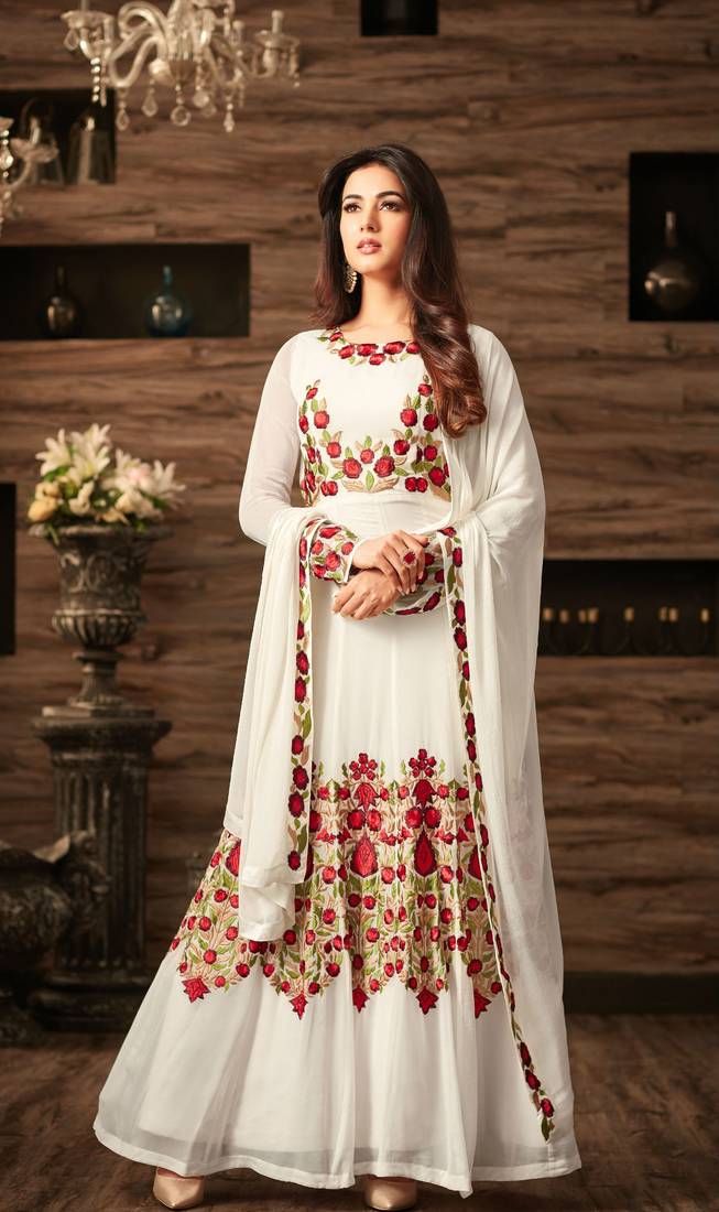 Cream Embroidered Georgette Salwar