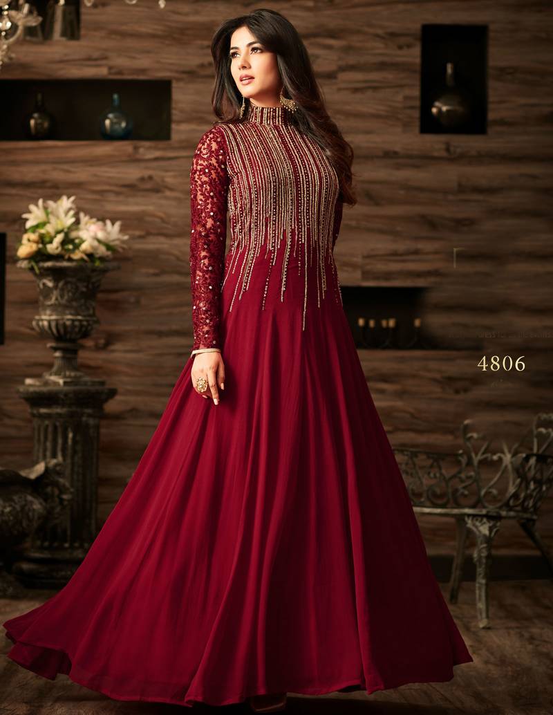 Maroon Embroidered Georgette Salwar