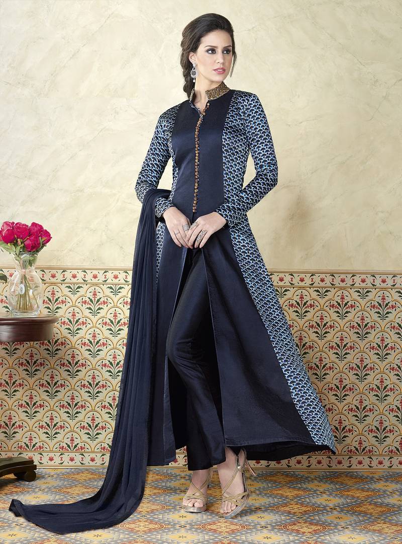 Blue Embroidered Satin Salwar