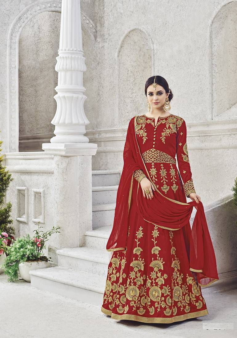 Red Embroidered Georgette Salwar