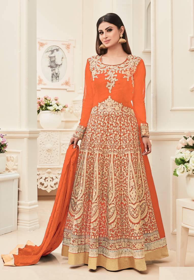 Orange Embroidered Silk Blend Salwar