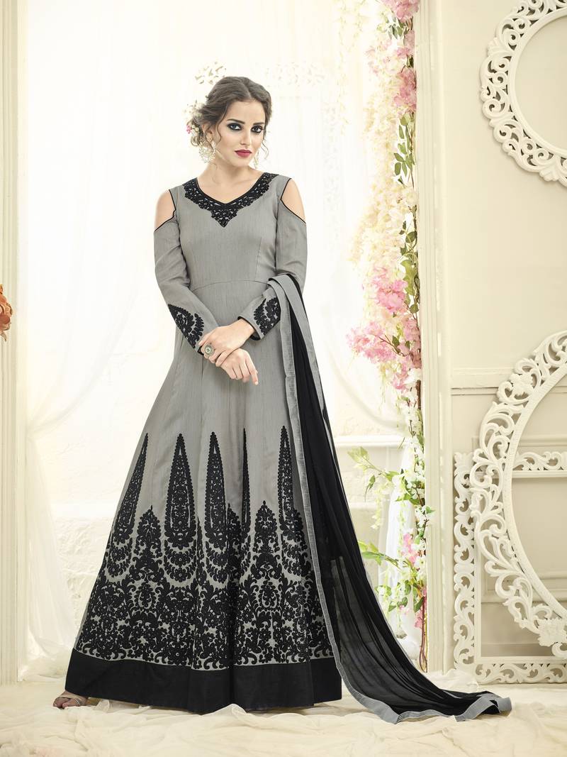 Grey Embroidered Silk Blend Salwar