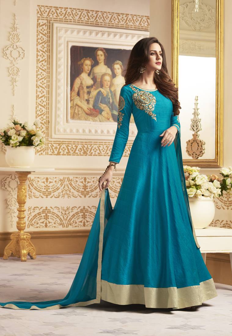 Turquoise Embroidered Silk Blend Salwar