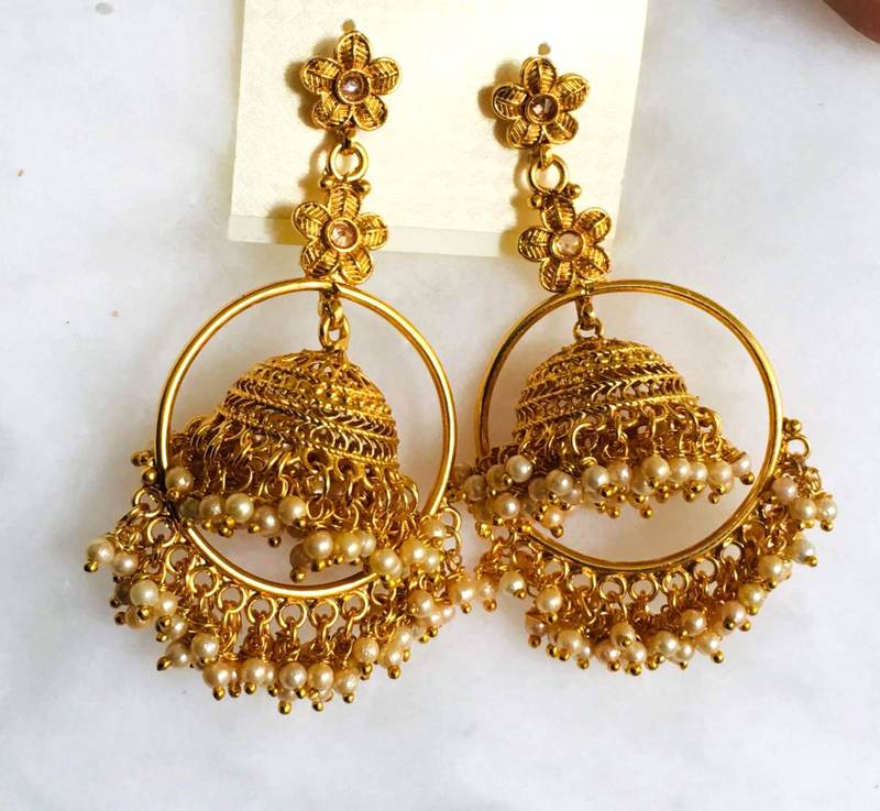 Gold Plated Polki Pearl Bali Ring Jhumka Earrings