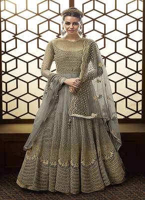 Grey embroidered net Semi Sttiched Anarkali Suit 1