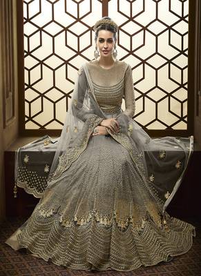 Grey embroidered net Semi Sttiched Anarkali Suit 2