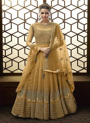 Yellow embroidered net Semi Sttiched Anarkali Suit 1