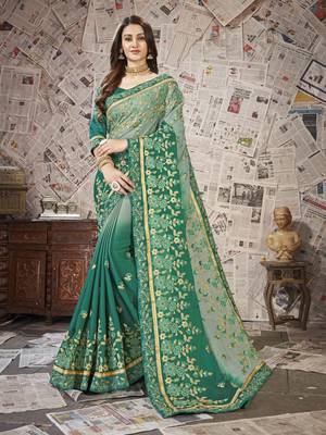 Green embroidered chiffon saree with blouse 1