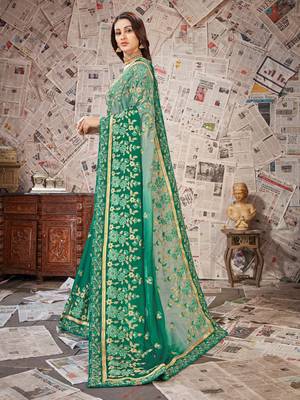 Green embroidered chiffon saree with blouse 2