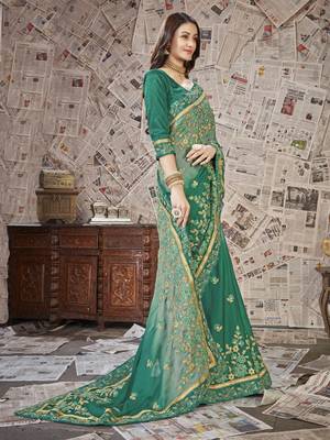 Green embroidered chiffon saree with blouse 3
