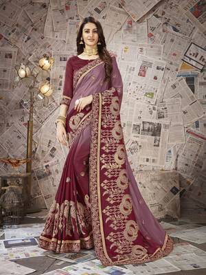 Maroon embroidered chiffon saree with blouse 1