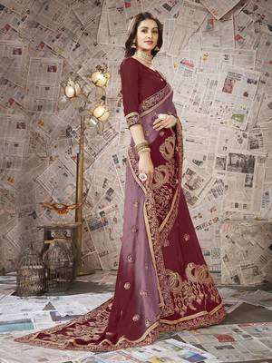 Maroon embroidered chiffon saree with blouse 3