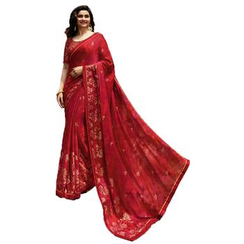 Red hand woven jacquard saree with blouse 1