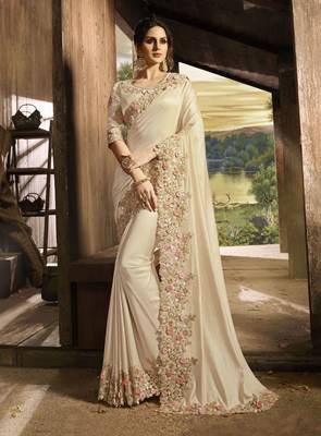 Cream Embroidered Silk Blend Saree With Blouse 1