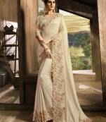 Cream Embroidered Silk Blend Saree With Blouse