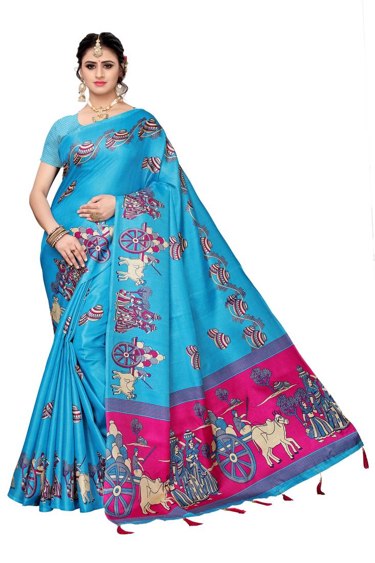 Blue printed khadi saree with blouse