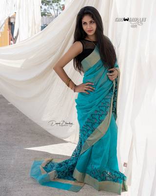 Teal hand woven chanderi silk saree with blouse 1