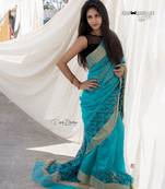 Teal hand woven chanderi silk saree with blouse