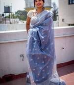 Dark grey hand woven chanderi silk saree with blouse
