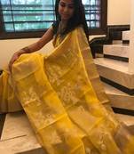 Yellow hand woven chanderi silk saree with blouse