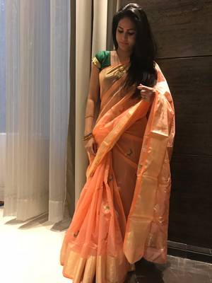 Peach hand woven chanderi silk saree with blouse 1