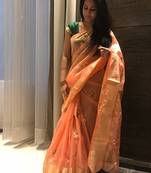 Peach hand woven chanderi silk saree with blouse