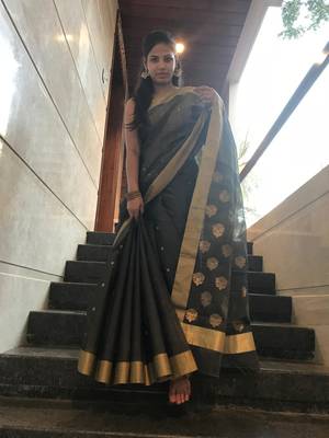 Charcoal hand woven chanderi silk saree with blouse 1