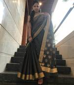 Charcoal hand woven chanderi silk saree with blouse