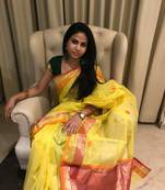 Light yellow hand woven chanderi silk saree with blouse