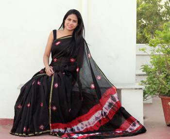 Black hand woven chanderi saree with blouse 1