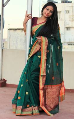 Dark green hand woven chanderi silk saree with blouse 1