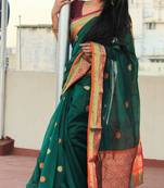 Dark green hand woven chanderi silk saree with blouse