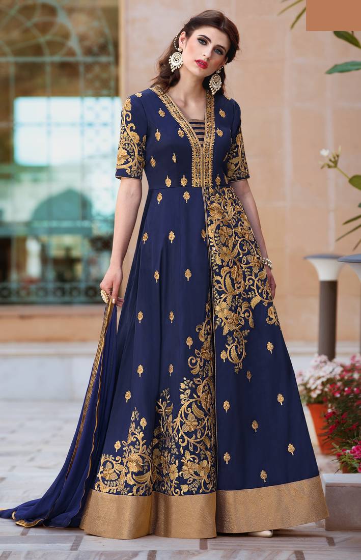Blue Embroidered Silk Blend Salwar