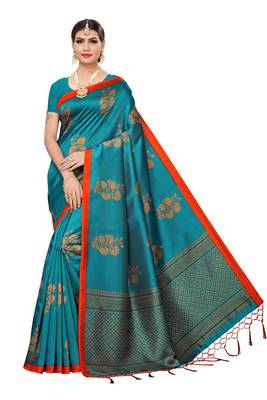 Blue printed cotton silk saree with blouse 1