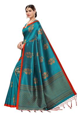 Blue printed cotton silk saree with blouse 2