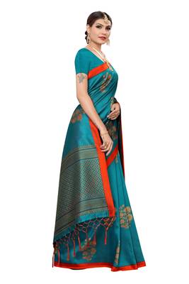Blue printed cotton silk saree with blouse 3