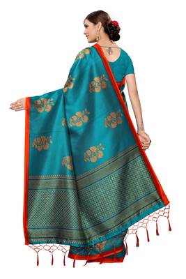 Blue printed cotton silk saree with blouse 4