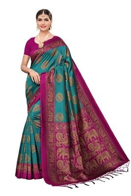 Green printed cotton silk saree with blouse 1