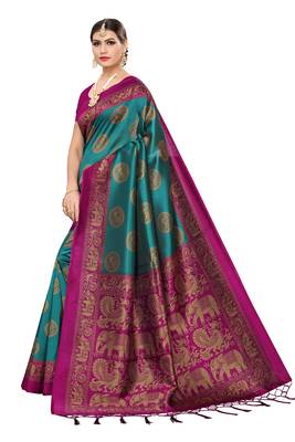 Green printed cotton silk saree with blouse 2