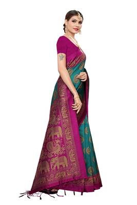 Green printed cotton silk saree with blouse 3