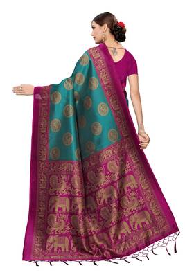 Green printed cotton silk saree with blouse 4