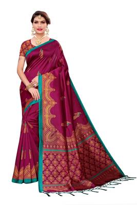 Wine printed cotton silk saree with blouse 1