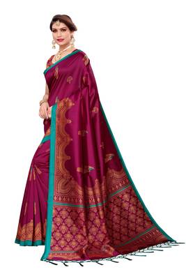 Wine printed cotton silk saree with blouse 2