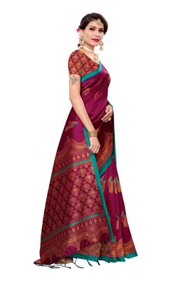 Wine printed cotton silk saree with blouse 3