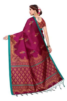 Wine printed cotton silk saree with blouse 4