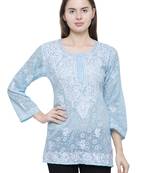 Blue embroidered brasso chiffon tops