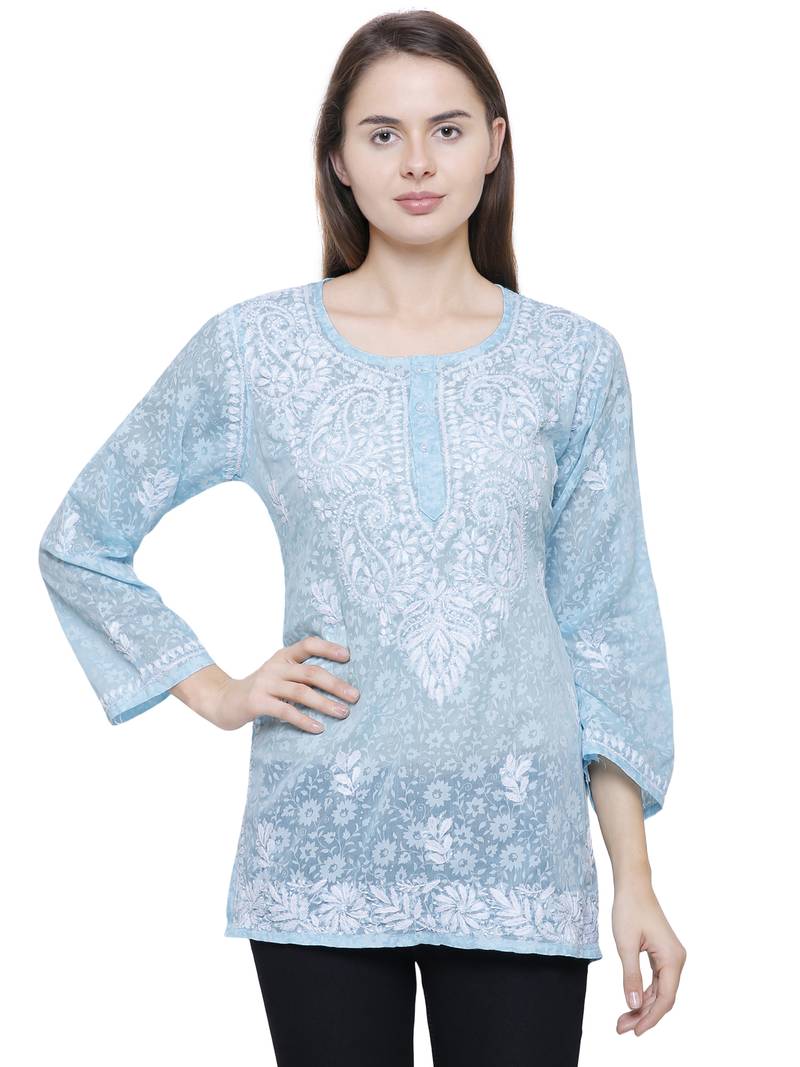 Blue embroidered brasso chiffon tops