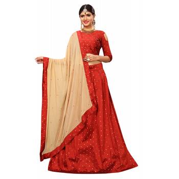 Designer Red Tafeta Silk Semi Stitched Lehenga With Unstitched Choli & Dupatta 1