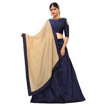 Designer Navy Blue Tafeta Silk Semi Stitched Lehenga With Unstitched Choli & Dupatta 1