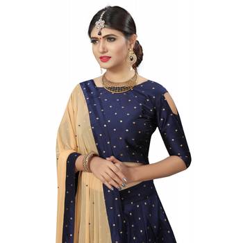 Designer Navy Blue Tafeta Silk Semi Stitched Lehenga With Unstitched Choli & Dupatta 3